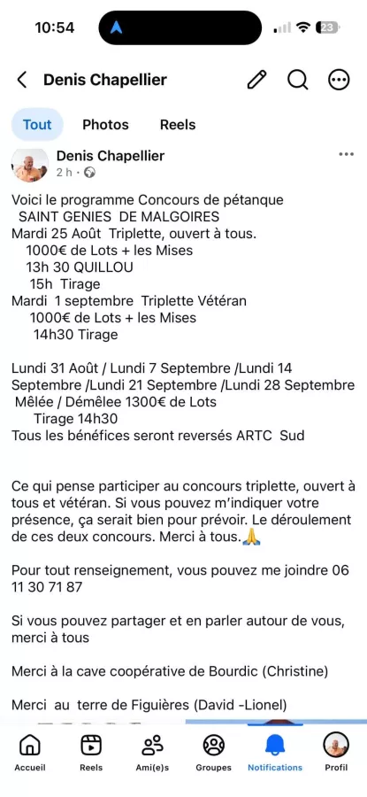 Programme de la pétanque à Saint Genies de Malgloire